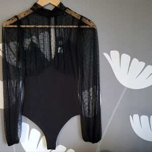 NWT Sheer Mesh Mock Neck Bodysuit Fashion Nova Size Small Black